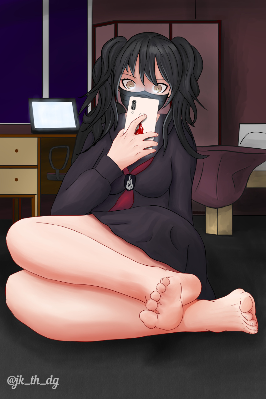 1girl, absurdres, bangs, barefoot, black_hair, black_mask, black_shirt, black_skirt, breasts, cellphone, eyebrows_visible_through_hair, feet, foot_focus, girls_frontline, hand_on_floor, highres, holding, holding_phone, jk_th_dg, legs, light_brown_eyes, long_hair, looking_at_viewer, mask, medium_breasts, no_shoes, on_floor, phone, room, sangvis_ferri, scarecrow_(girls'_frontline), school_uniform, serafuku, shirt, simple_background, sitting, skirt, smartphone, soles, solo, toes, twintails, twitter_username