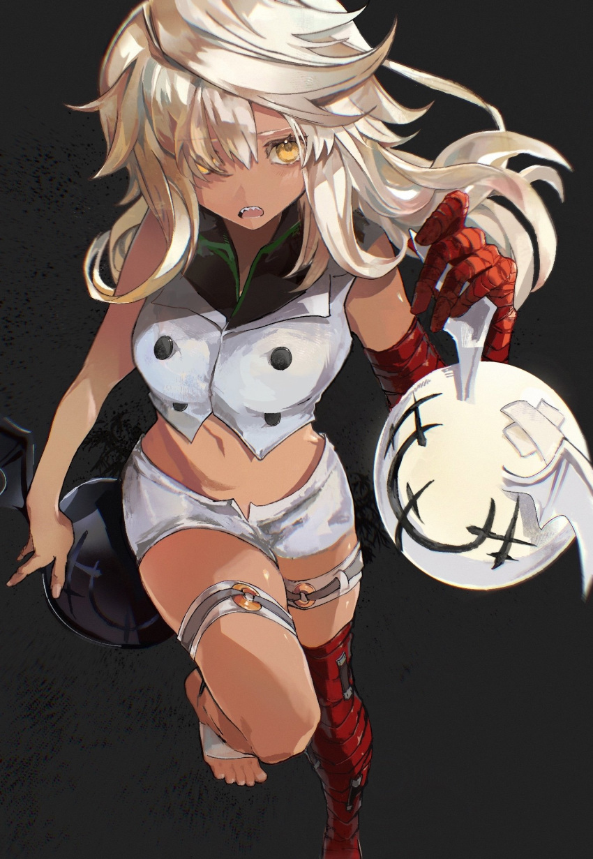 1girl, bandages, black_background, crop_top, dark-skinned_female, dark_skin, found_modori, guilty_gear