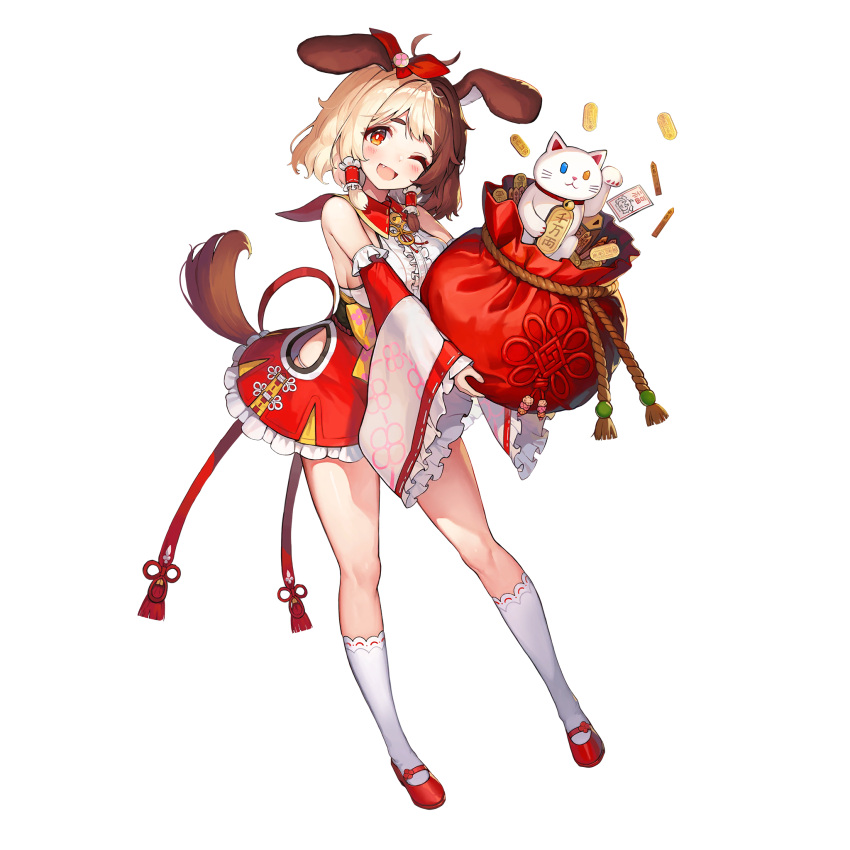 1girl, animal_ears, blonde_hair, blush, breasts, brown_hair, detached_sleeves, dog_ears