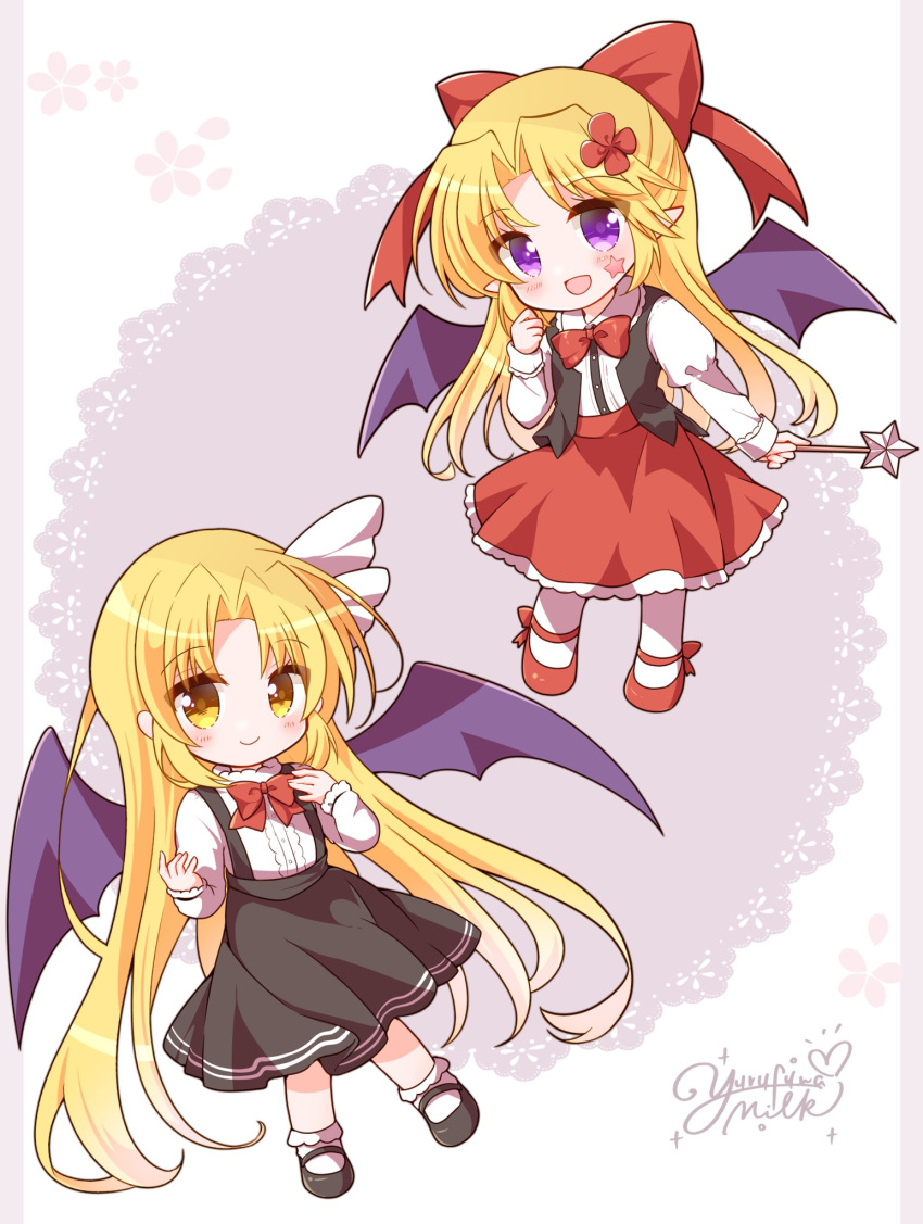 2girls, bat_girl, bat_wings, black_footwear, black_skirt, black_vest, blonde_hair, bobby_socks