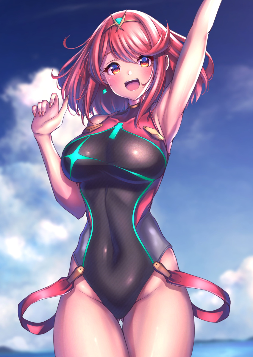 1girl, absurdres, bangs, black_swimsuit, breasts, chest_jewel, competition_swimsuit, covered_collarbone