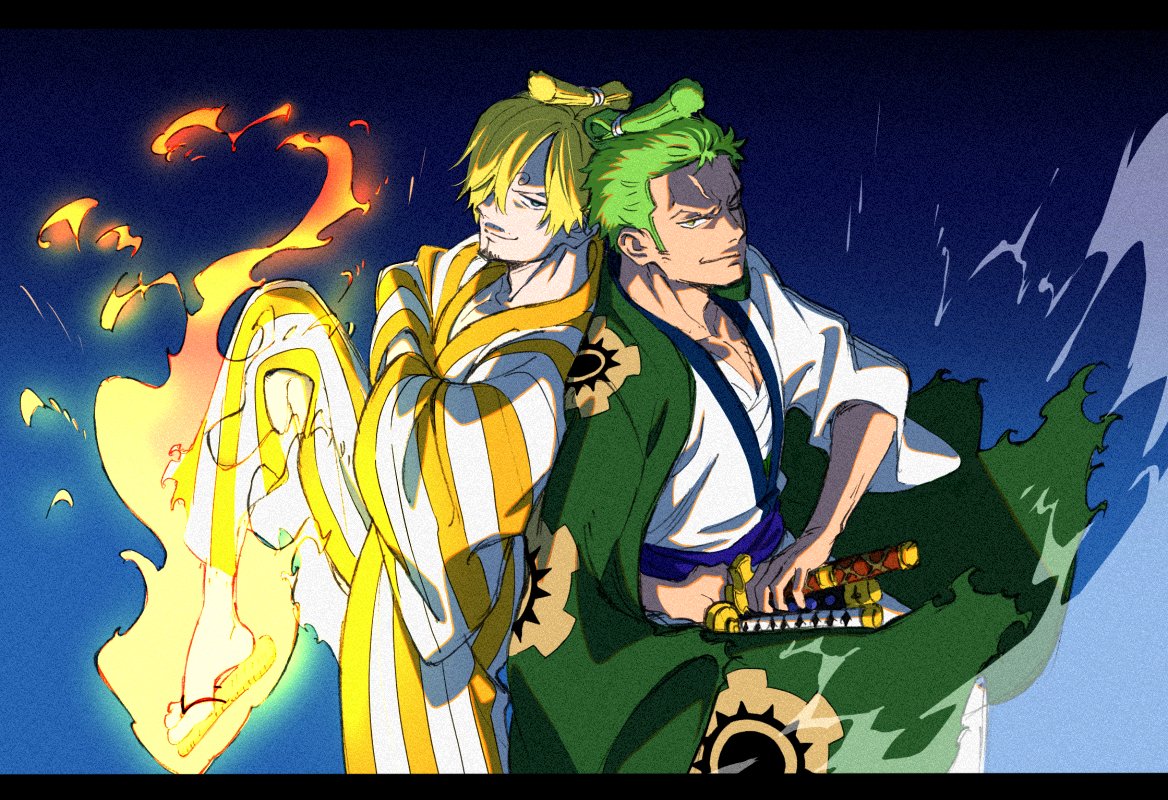 2boys, alternate_hairstyle, back-to-back, blonde_hair, chest_sarashi, diable_jambe, facial_hair, from_above