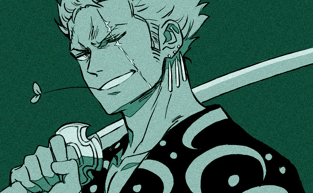 1boy, alternate_hairstyle, earrings, frown, green_hair, green_theme, grin, jewelry