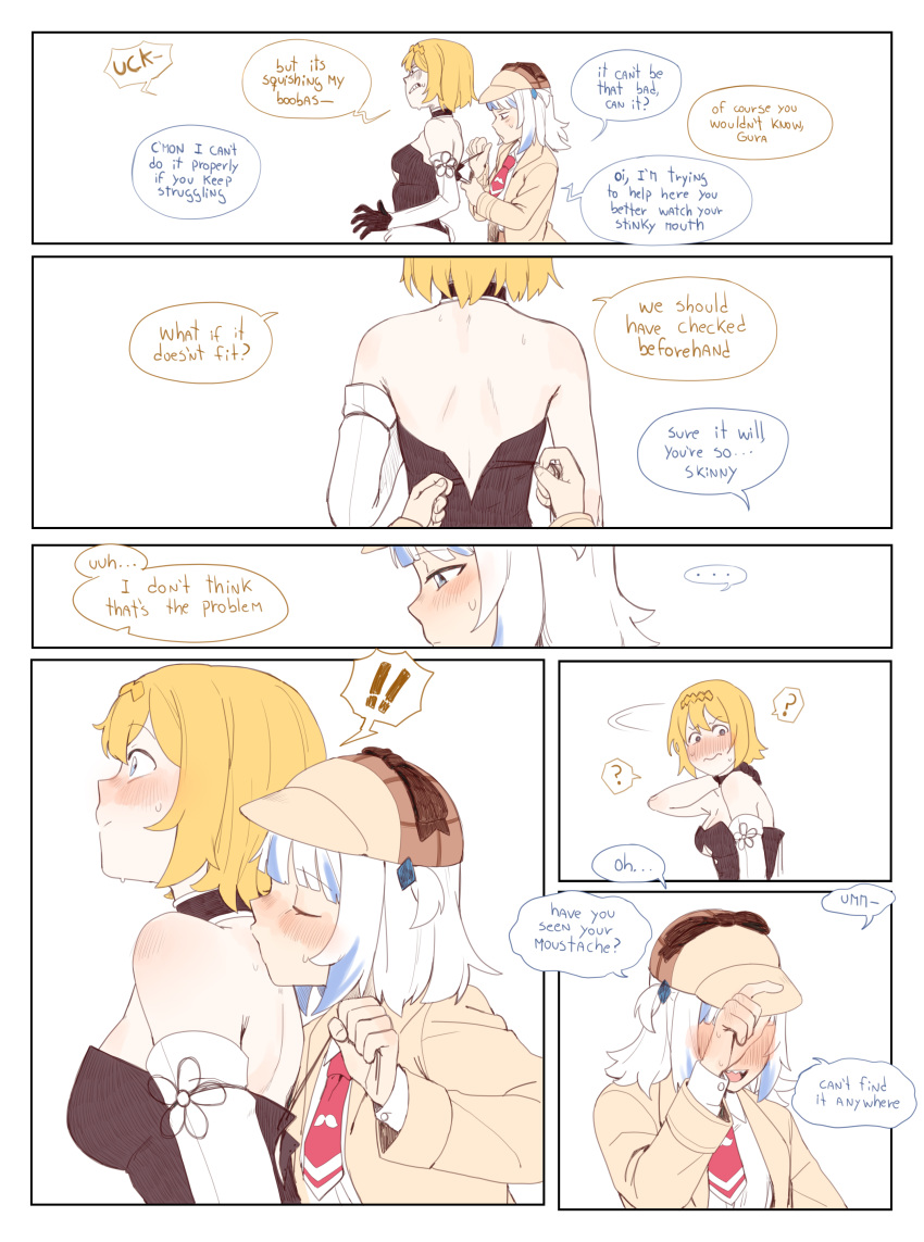 !, !!, 2girls, ?, absurdres, bare_shoulders, blonde_hair, blue_hair