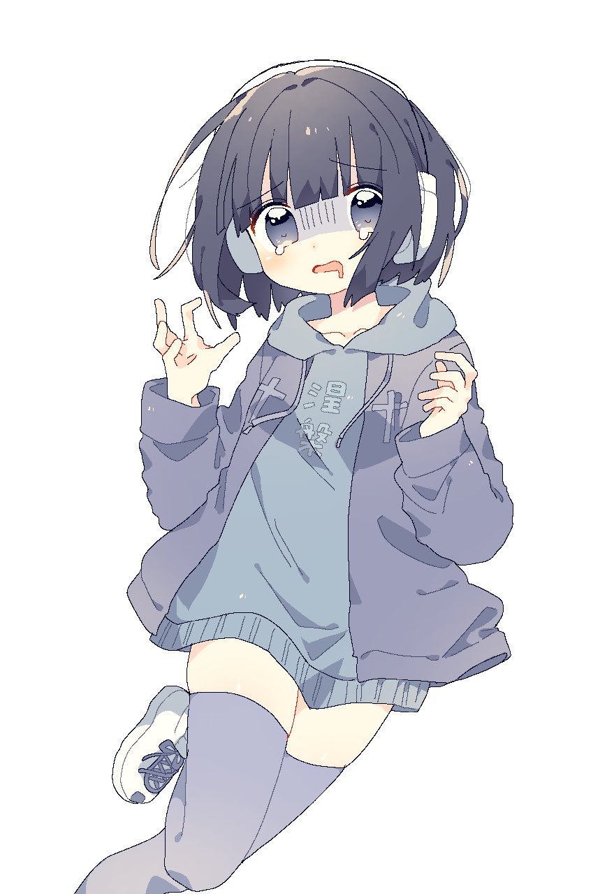 1girl, black_hair, bob_cut, drooling, grey_eyes, headphones, highres, hood, hooded_sweater, indie_virtual_youtuber, jacket, kyuusai-chan, mouth_drool, open_clothes, open_jacket, open_mouth, purple_jacket, shoes, short_hair, sneakers, socks, solo, sweater, tears, thigh-highs, uxxu_1213, virtual_youtuber, white_background