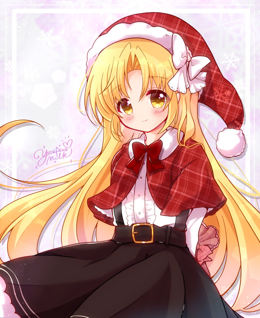 1girl, belt, black_belt, black_skirt, blonde_hair, blush, bow, bowtie, capelet, center_frills, closed_mouth, commentary_request, frills, fur-trimmed_capelet, fur_trim, hat, highres, kurumi_(touhou), long_hair, long_shirt, plaid_capelet, pom_pom_(clothes), red_bow, red_bowtie, red_capelet, santa_hat, shirt, skirt, smile, suspender_skirt, suspenders, touhou, touhou_(pc-98), very_long_hair, white_bow, white_shirt, yellow_eyes, yurufuwa_milk