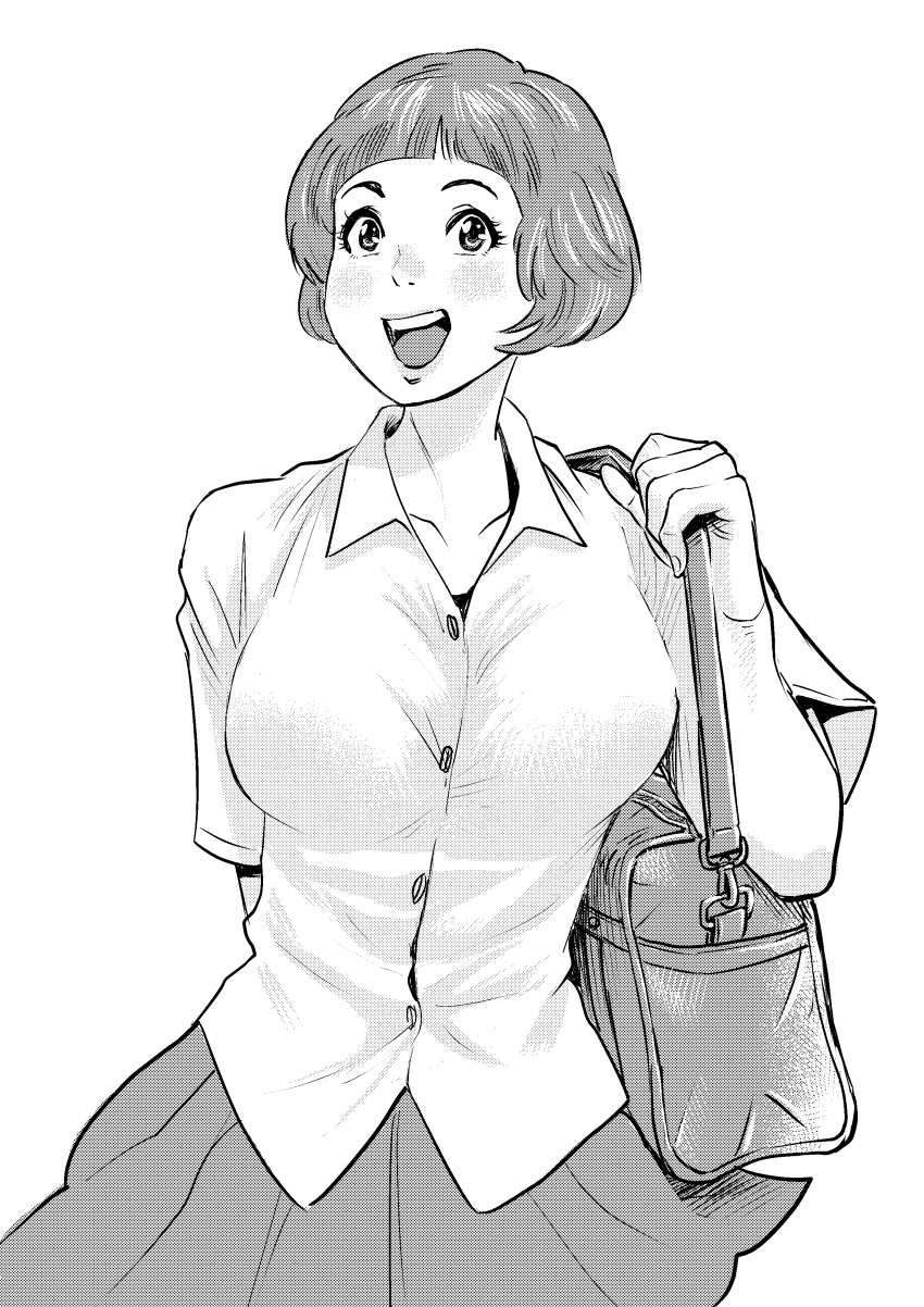 1girl, :d, absurdres, arm_at_side, bag, blush, bob_cut, breasts, greyscale, highres, imajun, large_breasts, monochrome, original, school_bag, school_uniform, shirt, short_hair, short_sleeves, simple_background, skirt, smile, solo, white_background, white_shirt