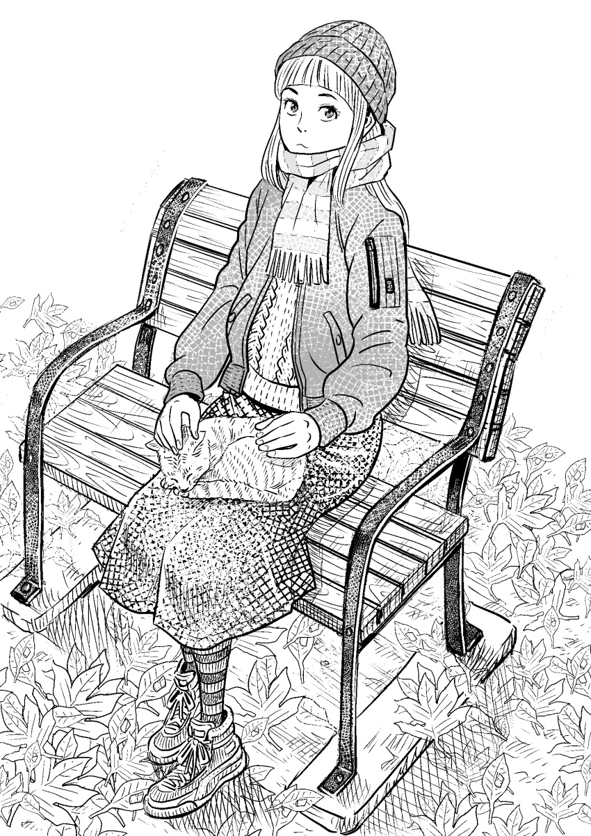 1girl, animal_on_lap, autumn_leaves, bangs, bench, cat, cat_on_lap, day