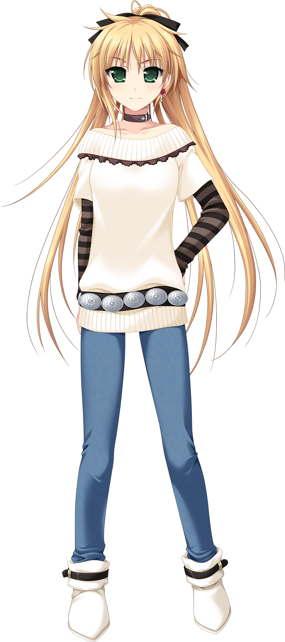 1girl, alpha_(yukai_na_nakamatachi), arisa_crain_femiluna, bangs, belt, black_ribbon, blonde_hair, blue_pants