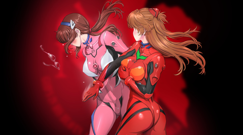 2girls, ass, blush, breasts, brown_hair, eyewear_removed, glasses, hair_ornament
