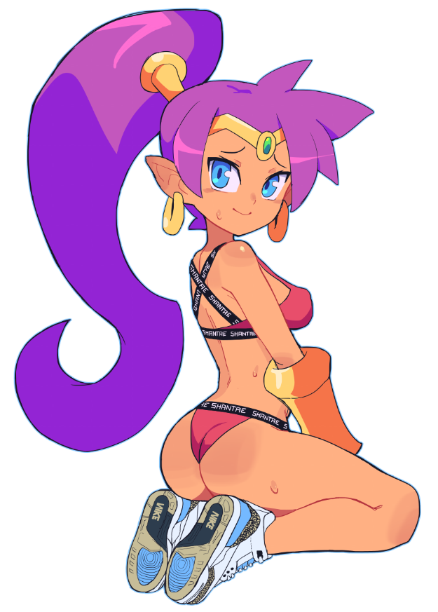 1girl, ass, bangs, bare_shoulders, breasts, character_name, commentary, dark-skinned_female, dark_skin, earrings, from_behind, full_body, hair_ornament, high_ponytail, jewelry, long_hair, looking_at_viewer, looking_back, medium_breasts, pointy_ears, ponytail, purple_hair, shantae, shantae_(series), shiny, shiny_hair, shiny_skin, shoes, simple_background, sitting, slammo, sneakers, solo, sports_bikini, sweat, sweatdrop, tank_top, thighs, tiara, white_background