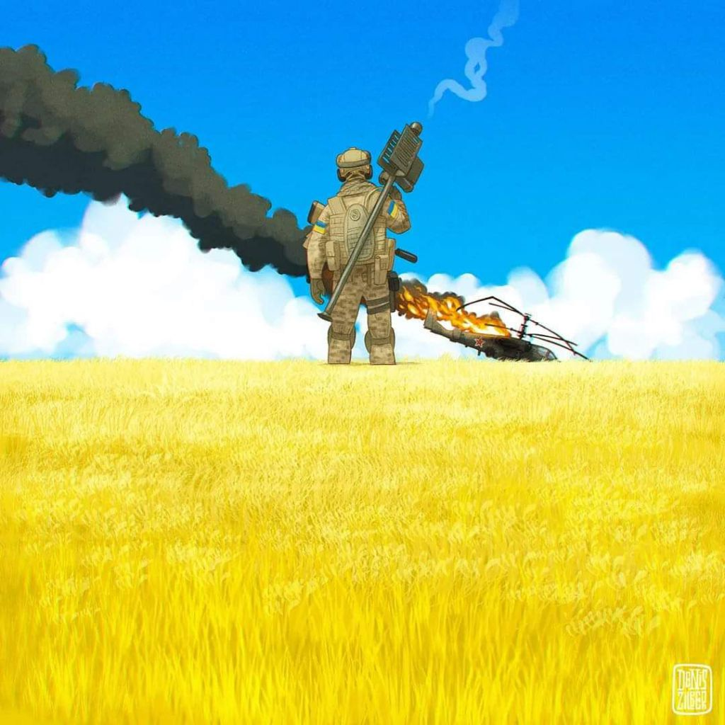 1boy, army, backpack, bag, blue_sky, burning, clouds, fim-92_stinger, gun, helmet, original, rifle, rocket_launcher, russo-ukrainian_war, second-party_source, shot_down, sky, smoke_trail, source_request, ukraine_army, ukrainian_flag, victory, weapon, wheat_field
