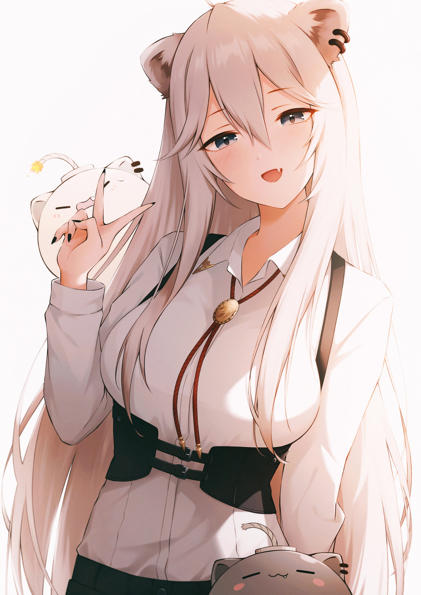 1girl, :d, animal_ears, bangs, black_nails, blush, bolo_tie, breasts