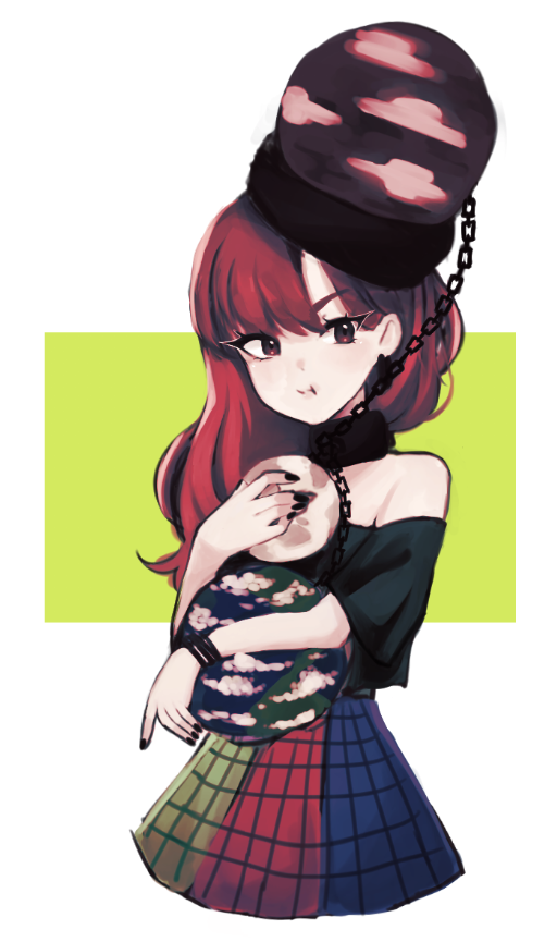 1girl, alternate_hair_length, alternate_hairstyle, bangs, bare_shoulders, black_choker, black_headwear, black_nails, black_shirt, blue_skirt, chain, choker, closed_mouth, earrings, earth_(ornament), english_commentary, eyebrows_visible_through_hair, eyelashes, fingernails, green_background, green_skirt, hair_between_eyes, hand_up, hecatia_lapislazuli, jewelry, kleeji_x, long_hair, looking_to_the_side, moon_(ornament), multicolored_clothes, multicolored_skirt, nail_polish, off-shoulder_shirt, off_shoulder, plaid, plaid_skirt, polos_crown, red_eyes, red_skirt, redhead, shirt, short_sleeves, simple_background, skirt, solo, standing, t-shirt, touhou, underworld_(ornament), white_background, wristband