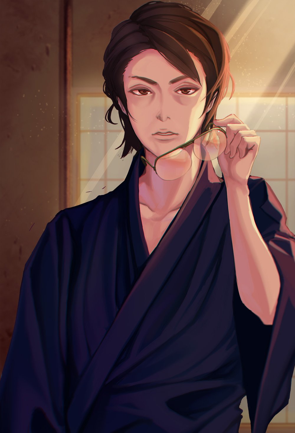 1boy, aviator_sunglasses, bejili, blue_kimono, brown_eyes, brown_hair, commentary_request, highres