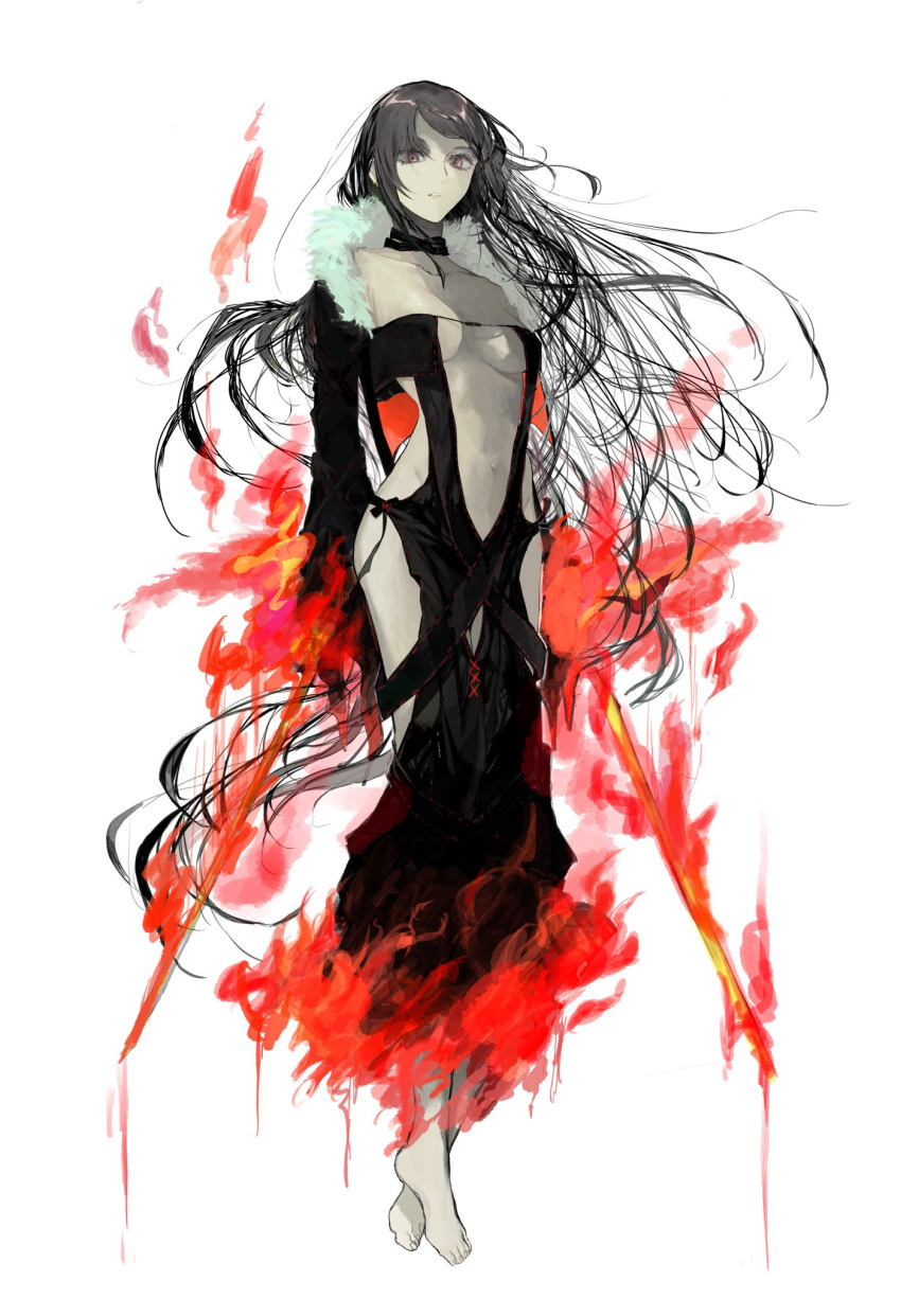 1girl, barefoot, black_dress, black_hair, black_jacket, breasts, dress, dual_wielding, fate/grand_order, fate_(series), fire, flame, full_body, fur-trimmed_jacket, fur_trim, highres, holding, holding_sword, holding_weapon, jacket, katana, long_hair, looking_at_viewer, navel, parted_lips, red_eyes, revealing_clothes, solo, sword, typtypss, weapon, white_background, yu_mei-ren_(fate)