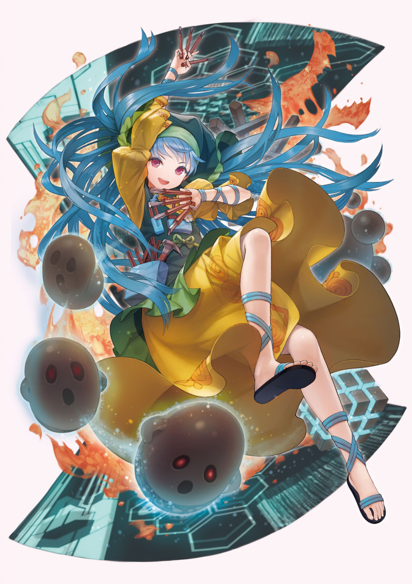1girl, :d, apron, arm_ribbon, arm_up, blue_hair, blue_ribbon, chisel