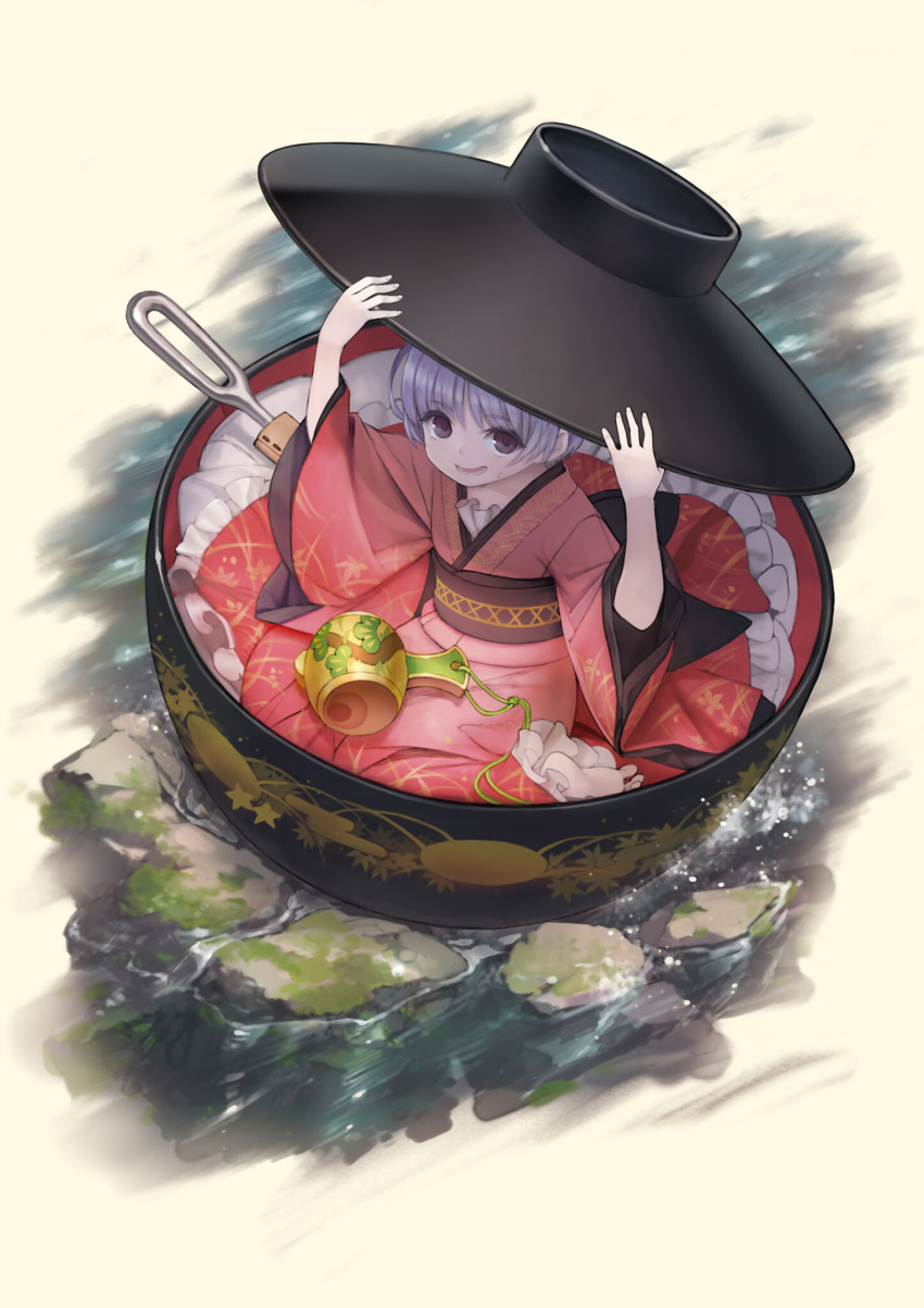 1girl, :d, adjusting_clothes, adjusting_headwear, bowl, bowl_hat, eyebrows_visible_through_hair, full_body, grey_background, hat, highres, japanese_clothes, kimono, long_sleeves, looking_at_viewer, lower_teeth, masakichi_(mmw), minigirl, miracle_mallet, needle, obi, official_art, open_mouth, pink_kimono, purple_hair, rock, sash, short_hair, simple_background, smile, solo, strange_creators_of_outer_world, sukuna_shinmyoumaru, teeth, third-party_source, touhou, violet_eyes, water, wide_sleeves