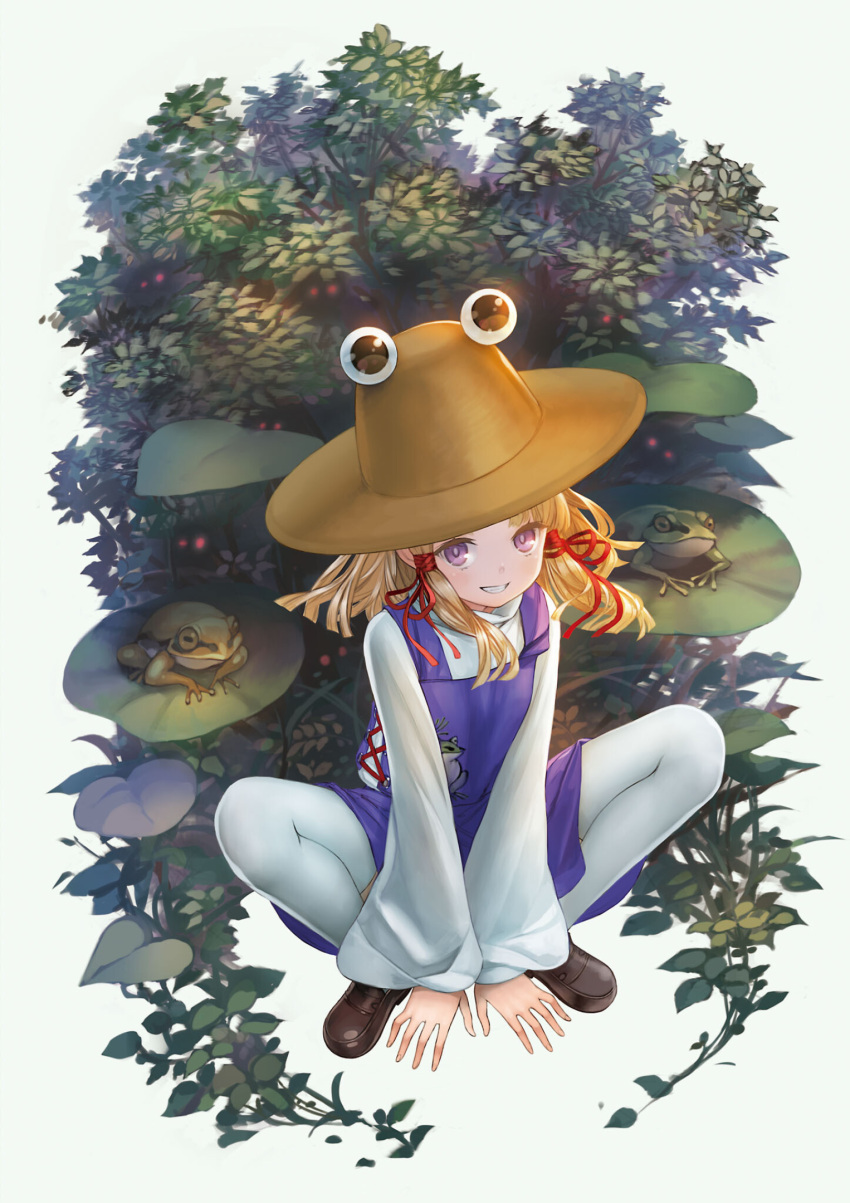 1girl, blonde_hair, blush, brown_footwear, bush, frog, full_body, grey_background