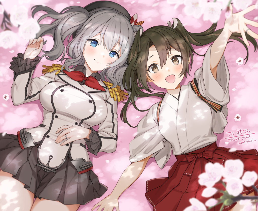 2girls, beret, black_headwear, blue_eyes, blush, cherry_blossoms, closed_mouth, collared_shirt