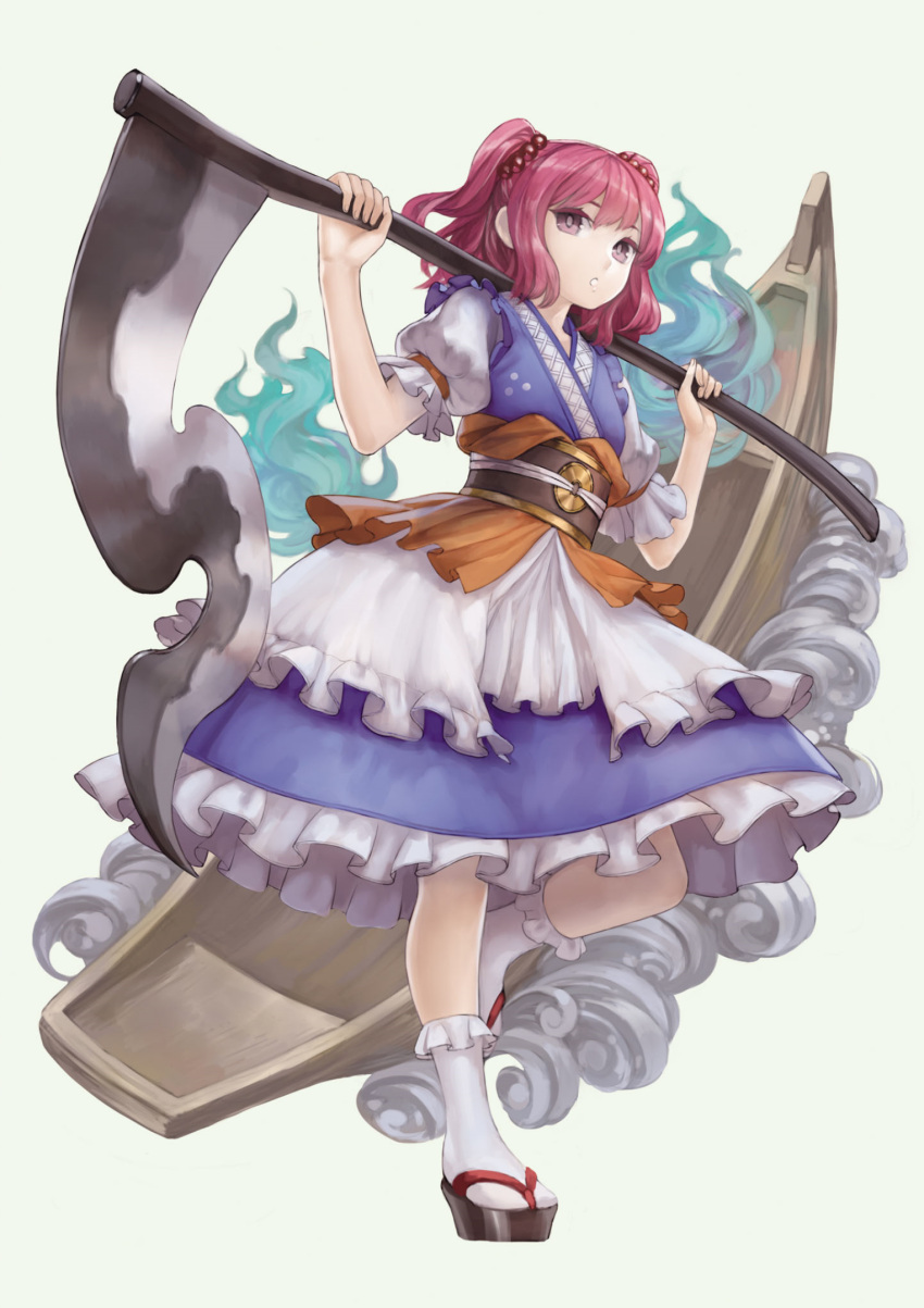 1girl, :o, blue_skirt, blue_vest, boat, eyebrows_behind_hair, frilled_skirt, frills