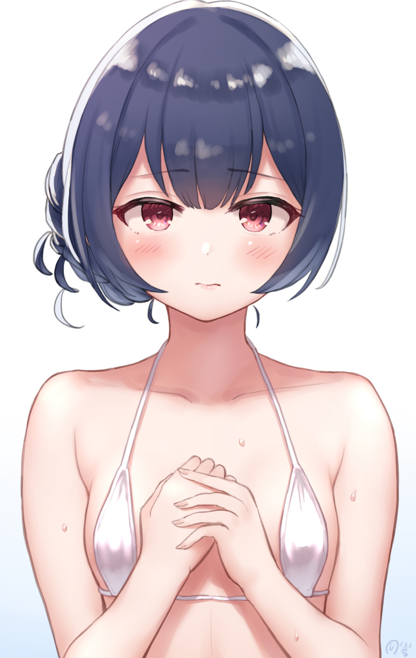 1girl, bikini, blue_background, blue_hair, blush, breasts, closed_mouth, collarbone