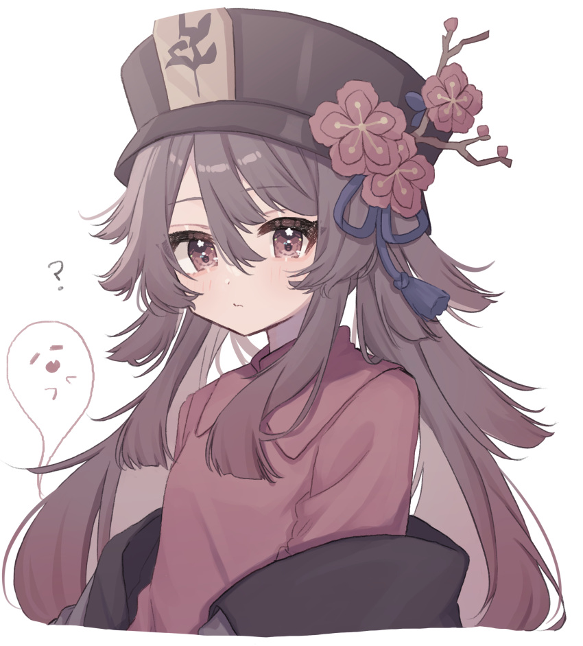1girl, absurdres, brown_hair, colored_tips, flower, genshin_impact, ghost, hat, highres, hu_tao_(genshin_impact), long_hair, multicolored_hair, red_eyes, red_shirt, redhead, roku_6, shirt, solo, twintails, white_background