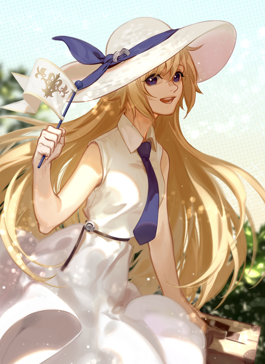 1girl, :d, bangs, bare_arms, bare_shoulders, blonde_hair, blue_eyes, blue_necktie, blue_ribbon, chiizu_namasu, commentary_request, cowboy_shot, dress, fate/grand_order, fate_(series), flag, hair_between_eyes, hair_ribbon, hand_up, hat, highres, holding, holding_flag, jeanne_d'arc_(fate), long_hair, looking_at_viewer, necktie, open_mouth, ribbon, sleeveless, sleeveless_dress, smile, solo, sun_hat, very_long_hair, white_dress, white_headwear