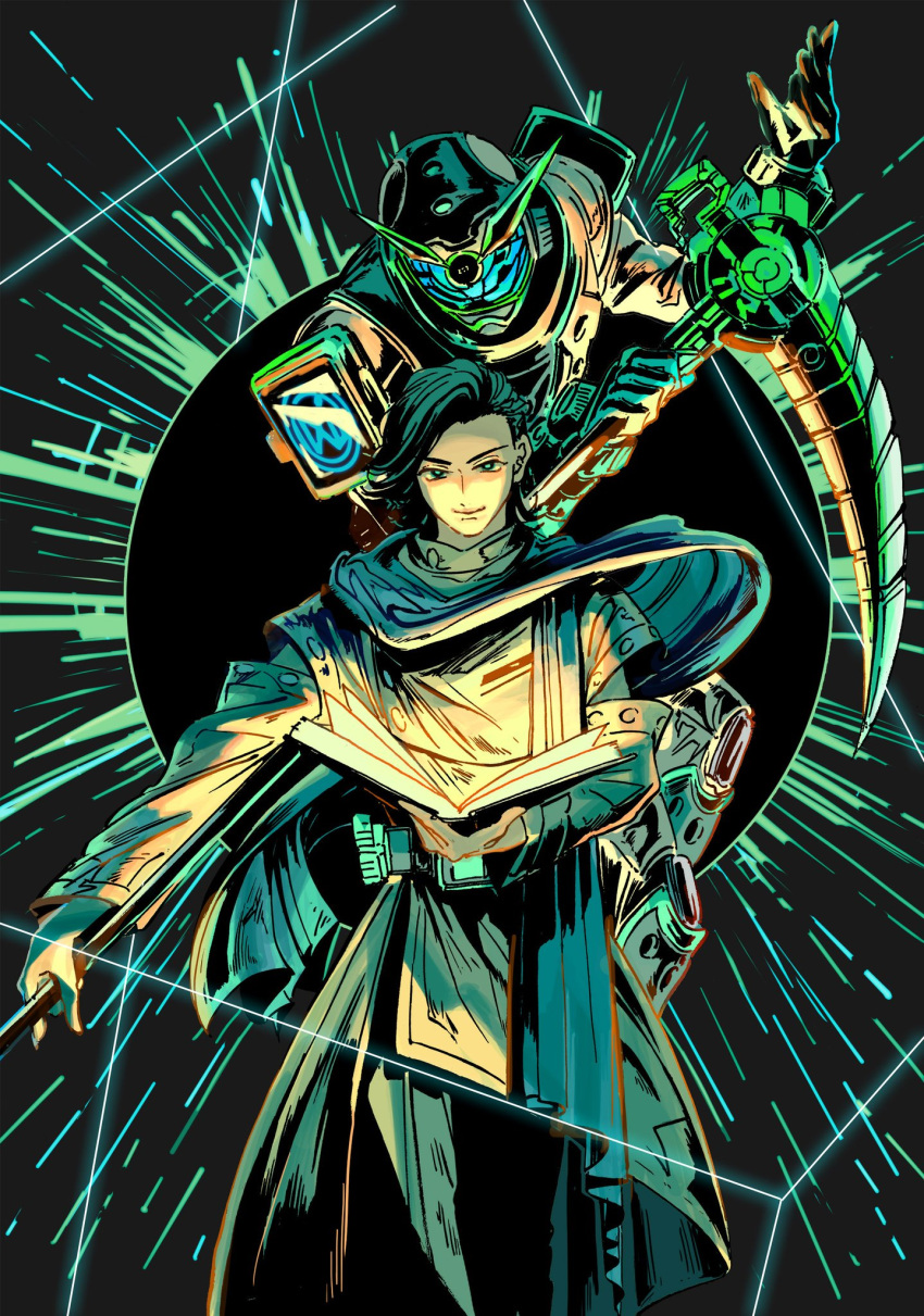 2boys, beyondriver, blue_eyes, book, clock_hands, dual_persona, futuring_shinobi, glowing