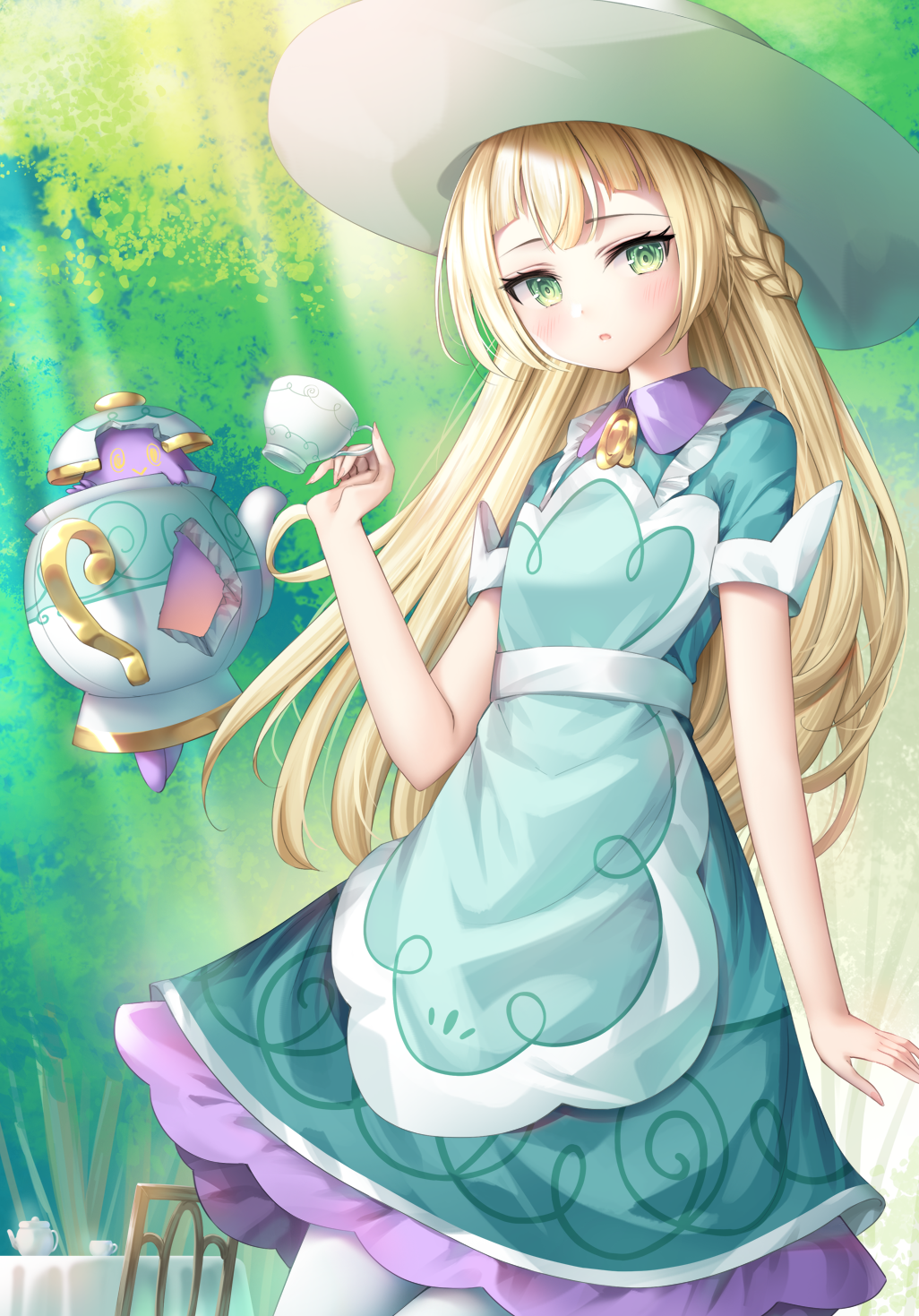1girl, :o, apron, bangs, blonde_hair, blue_dress, blush, braid