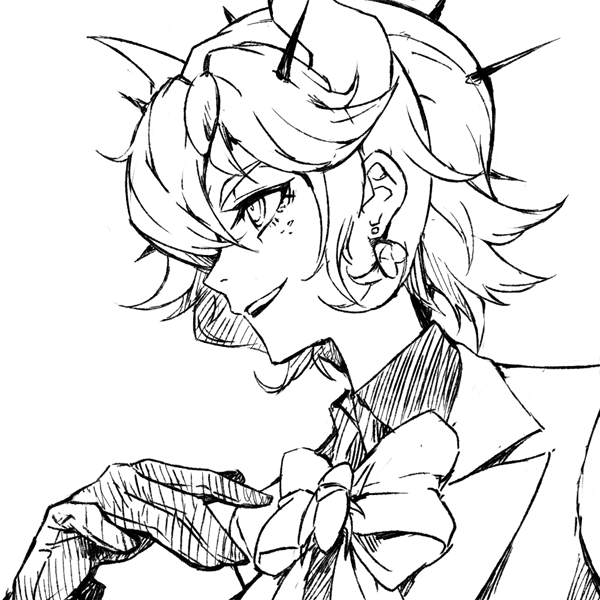1girl, beelzebub_(helltaker), bow, bowtie, demon_girl, demon_horns, earrings, formal, gloves, helltaker, horns, jacket, jewelry, kyo-hei_(kyouhei), monochrome, short_hair, solo, suit, white_background