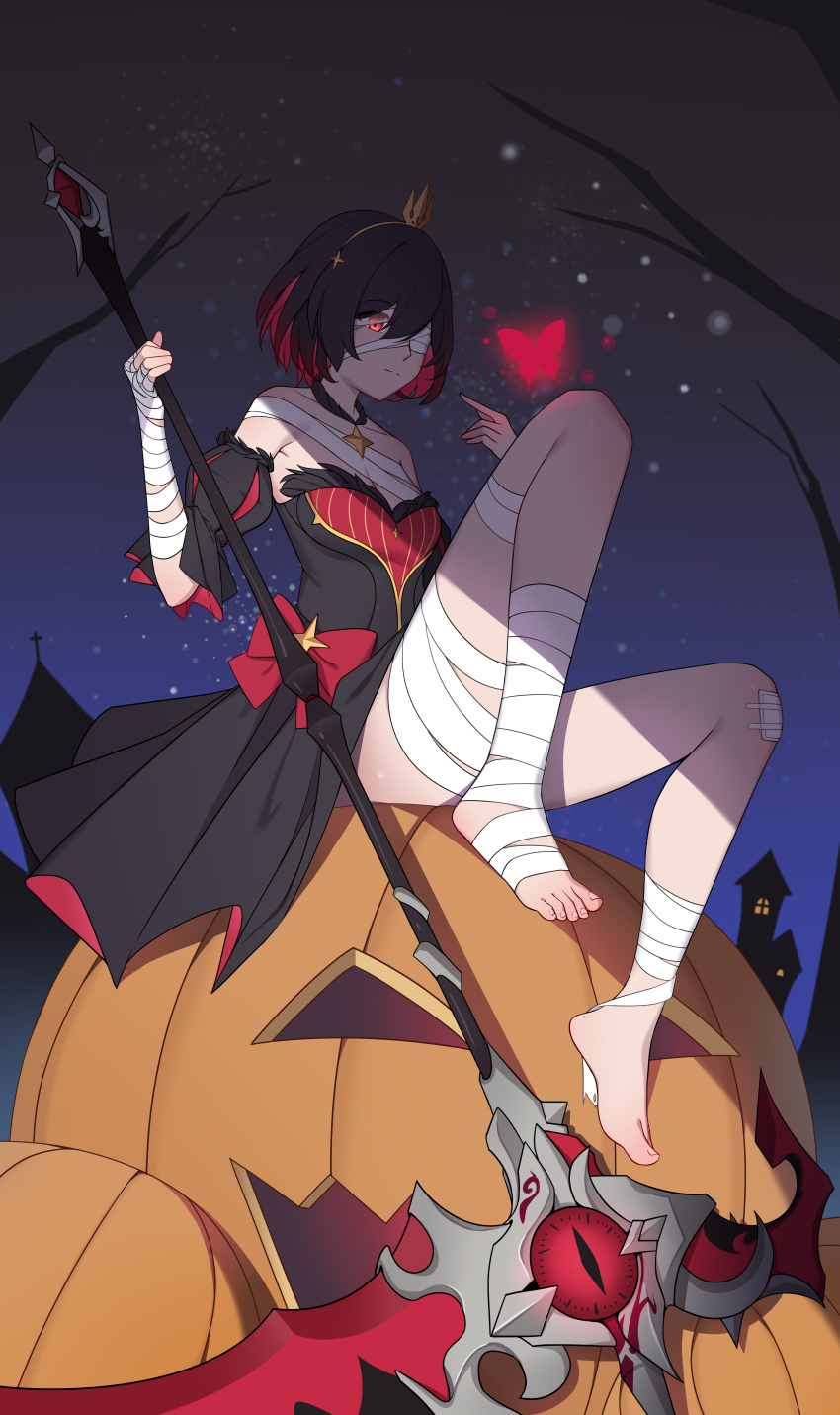 1girl, absurdres, bandages, bare_shoulders, barefoot, black_dress, black_sleeves, bug