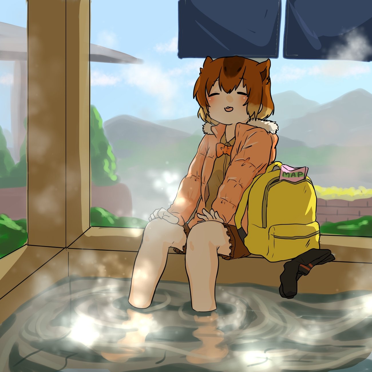 1girl, :3, alternate_costume, animal_ears, backpack, backpack_removed, bag, beige_shirt, black_legwear, blush, bow, bowtie, brown_hair, brown_shorts, capybara_(kemono_friends), capybara_girl, casual, closed_eyes, commentary_request, extra_ears, eyebrows_visible_through_hair, foot_bath, frilled_shorts, frills, hands_on_own_knees, highres, jacket, kemono_friends, light_brown_hair, long_sleeves, map, multicolored_hair, orange_bow, orange_bowtie, orange_jacket, puffy_coat, seramix_x, short_hair, shorts, socks_removed, solo, yellow_bag