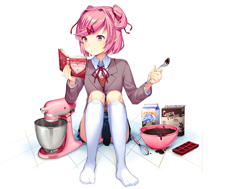 1girl, blue_skirt, bowl, chocolate, doki_doki_literature_club, kneehighs, mixer_(cooking), natsuki_(doki_doki_literature_club), official_art, pink_eyes, pink_hair, reading, satchely, school_uniform, skirt, spoon, two_side_up, white_legwear