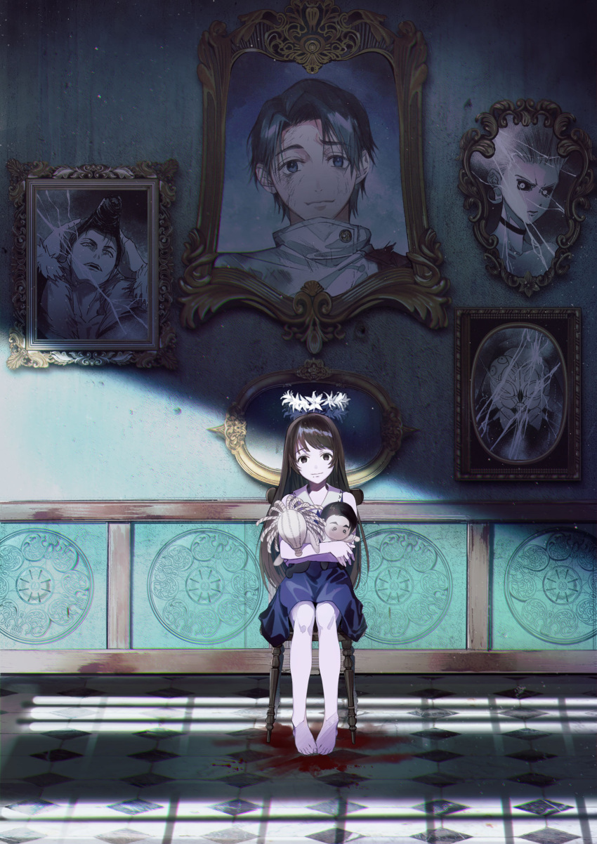 1other, 2boys, 2girls, barefoot, black_hair, blood, colored_sclera, cracked_glass, highres, ishigori_ryu, jujutsu_kaisen, kurourushi, multiple_boys, multiple_girls, okkotsu_yuuta, orimoto_rika, picture_frame, s_o_i, stuffed_toy, uro_takako