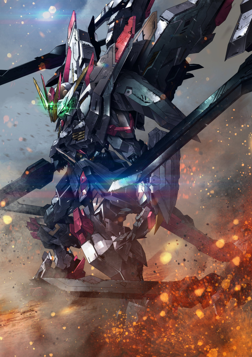 absurdres, embers, from_side, glowing, glowing_eye, gundam, gundam_marchosias, gundam_tekketsu_no_orphans