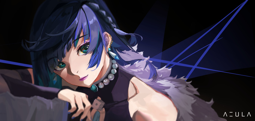 1girl, absurdres, aqua_eyes, asymmetrical_bangs, az'ruler, bangs, black_background, blue_hair