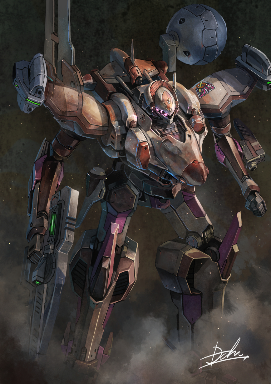 armored_core, armored_core_3, clenched_hand, extra_eyes, glowing, glowing_eyes, gun, highres, holding, holding_gun, holding_weapon, hukutuuprunes, looking_ahead, mecha, pink_eyes, rouge_(armored_core), science_fiction, signature, solo, weapon