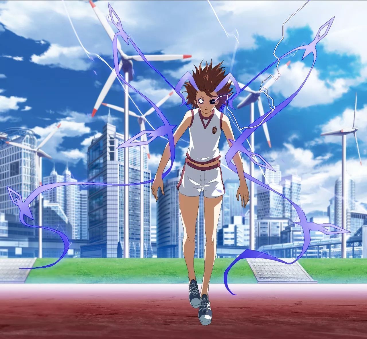 1girl, bare_arms, bare_shoulders, black_sclera, blue_sky, brown_hair, building, clouds