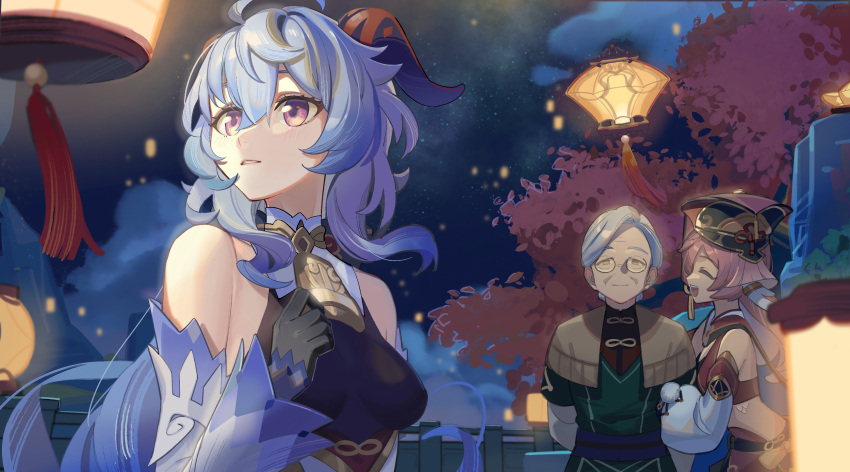 absurdres, bare_shoulders, bell, black_gloves, blue_hair, breasts, closed_eyes, detached_sleeves