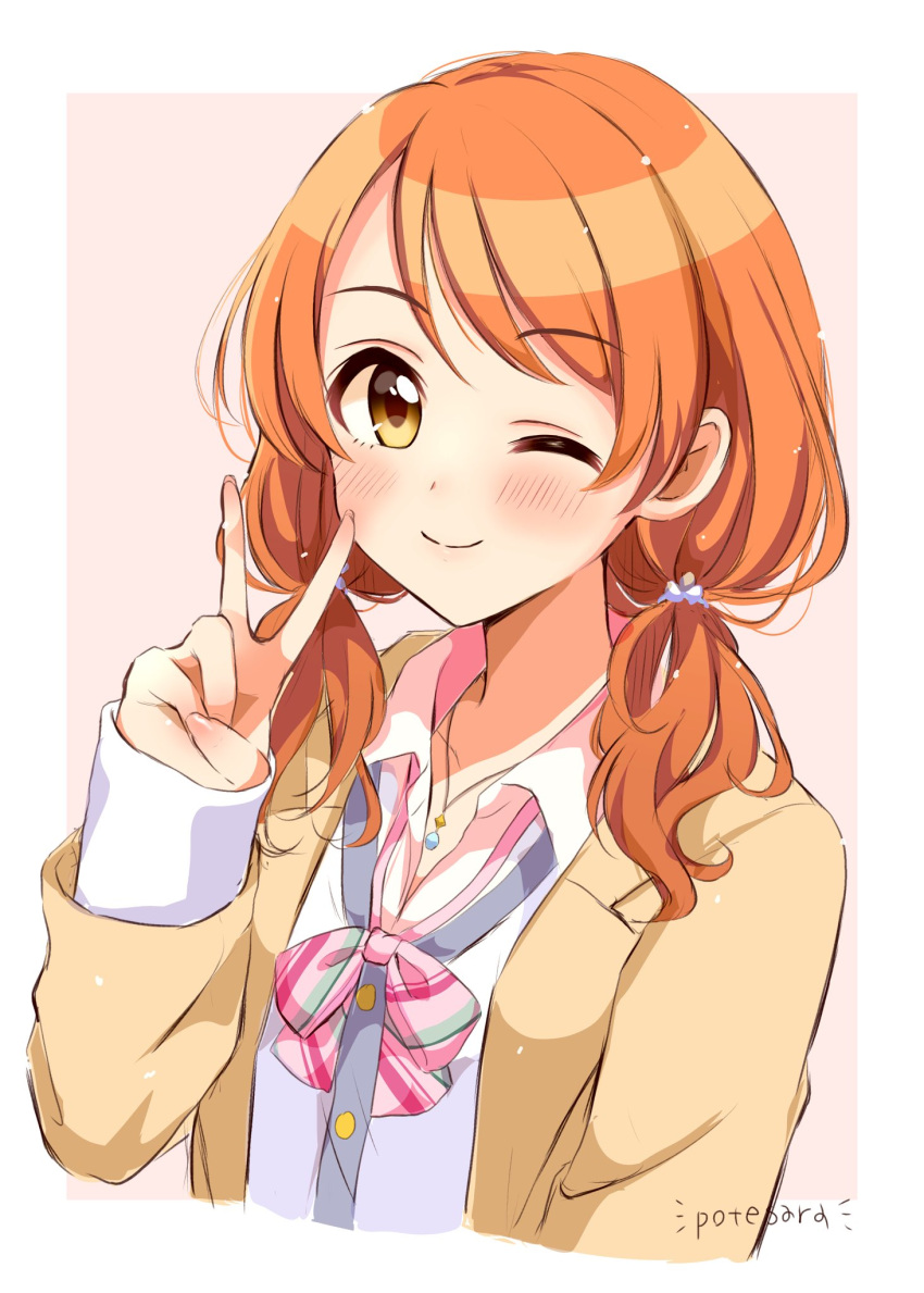 1girl, ;), bangs, blush, bow, bowtie, cropped_torso, highres
