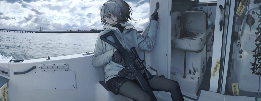 1girl, assault_rifle, blood, blood_splatter, boat, boat_interior, coat, gloves
