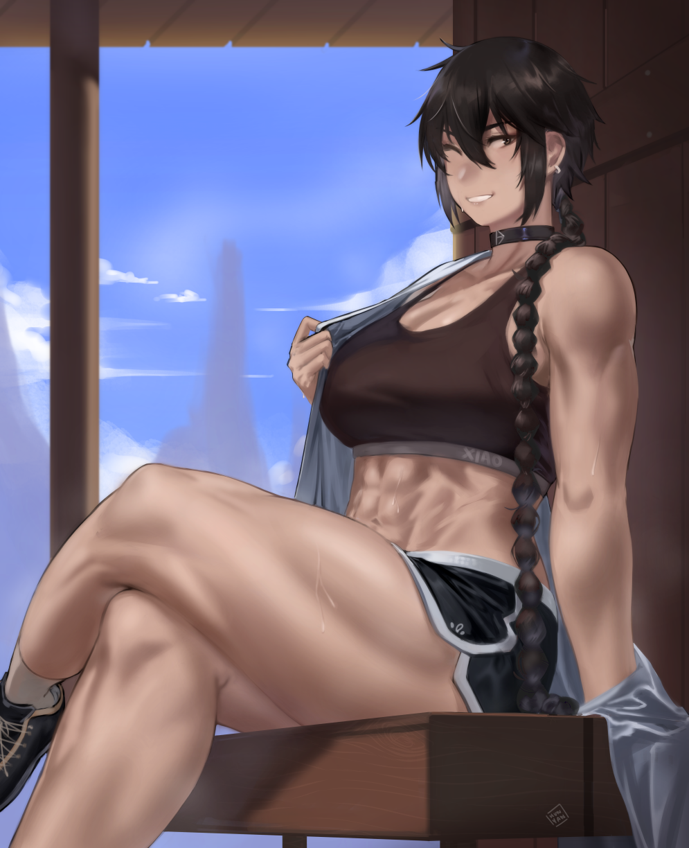 1girl, abs, black_hair, blue_sky, braid, braided_ponytail, clothes_pull, clouds, collar, grey_eyes, highres, hunyan, muscular, muscular_female, navel, one_eye_closed, original, shirt_pull, shorts, sidelocks, sky, solo, sports_bra, sweat, wooden_bench
