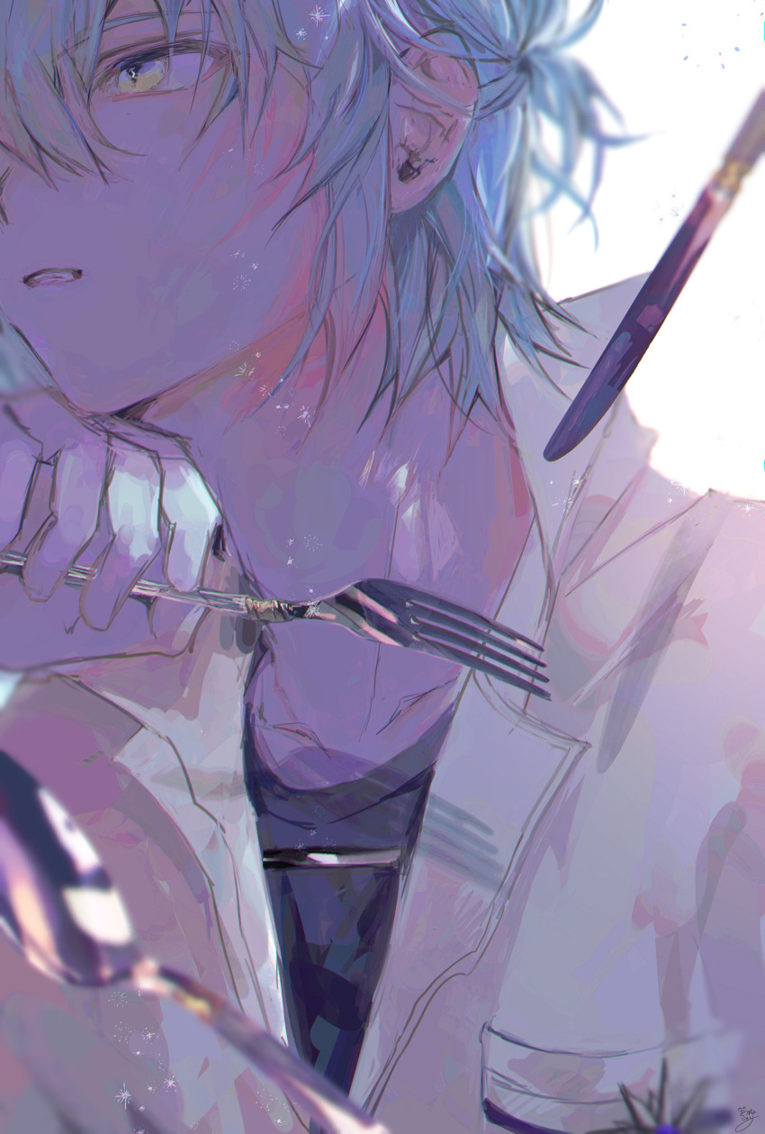 1boy, absurdres, bangs, butter_knife, fork, grey_hair, hair_between_eyes, highres, holding, kitsunekotori, mahoutsukai_no_yakusoku, male_focus, nero_(mahoutsukai_no_yakusoku), parted_lips, portrait, shirt, simple_background, solo, spoon, white_background, white_shirt, yellow_eyes