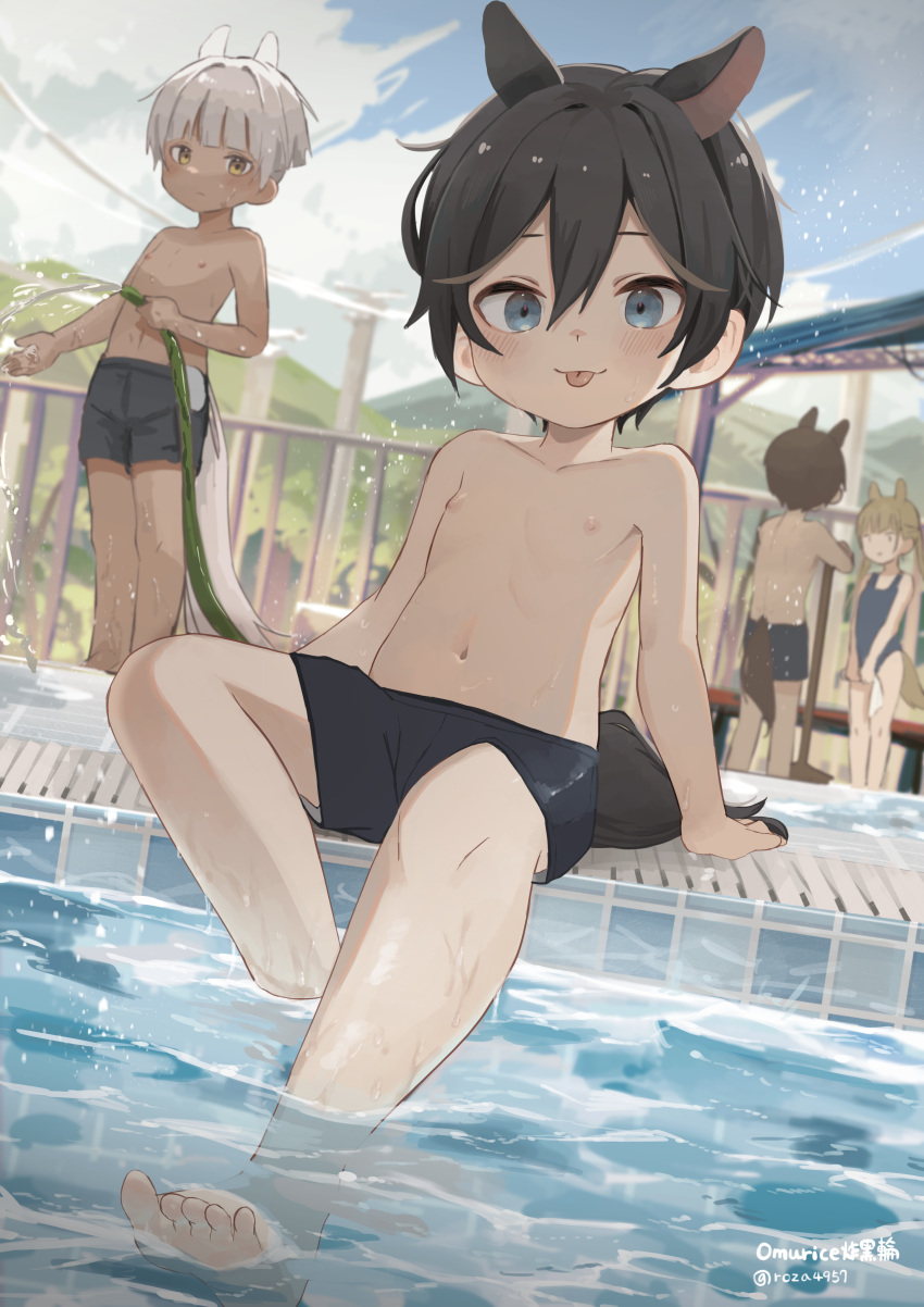 1girl, 3boys, absurdres, bangs, bare_legs, bare_shoulders, barefoot, black_hair, blue_eyes, blue_sky, clouds, cloudy_sky, commentary_request, dark-skinned_male, dark_skin, day, hair_between_eyes, highres, holding, hose, kemonomimi_mode, looking_at_viewer, male_focus, male_swimwear, mountainous_horizon, multiple_boys, navel, nipples, omurice_(roza4957), original, outdoors, pool, poolside, short_hair, sitting, sky, swimsuit, tail, tongue, water
