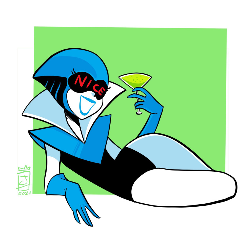 1girl, blue_gloves, blue_skin, colored_skin, cup, deltarune, drink, drinking_glass, english_text, eyelashes, gloves, highres, holding, holding_drink, jaliet_exe, lying, open_mouth, queen_(deltarune), signature, simple_background, smile, solo, visor
