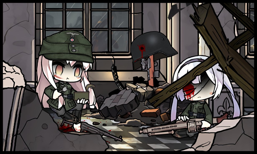 2girls, bandage_over_one_eye, bandaged_head, bandages, blood, blood_on_face, blood_splatter, building