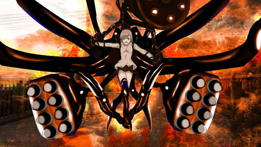 1girl, action, aiming, aiming_at_viewer, anti-art_attachment, armored_boots, arms_up, black_footwear, black_skirt, boots, brown_eyes, brown_hair, cannon, dot_nose, externally_piloted_mecha, eyebrows_visible_through_hair, flying, full_body, gun, highres, kizokirogue, long_sleeves, looking_at_viewer, machine_gun, machinery, mecha, medium_hair, miniskirt, misaka_mikoto, missile, open_mouth, outdoors, outstretched_arms, rocket_launcher, skirt, sky, smile, solo, thighs, toaru_kagaku_no_railgun, toaru_majutsu_no_index, tongue, weapon