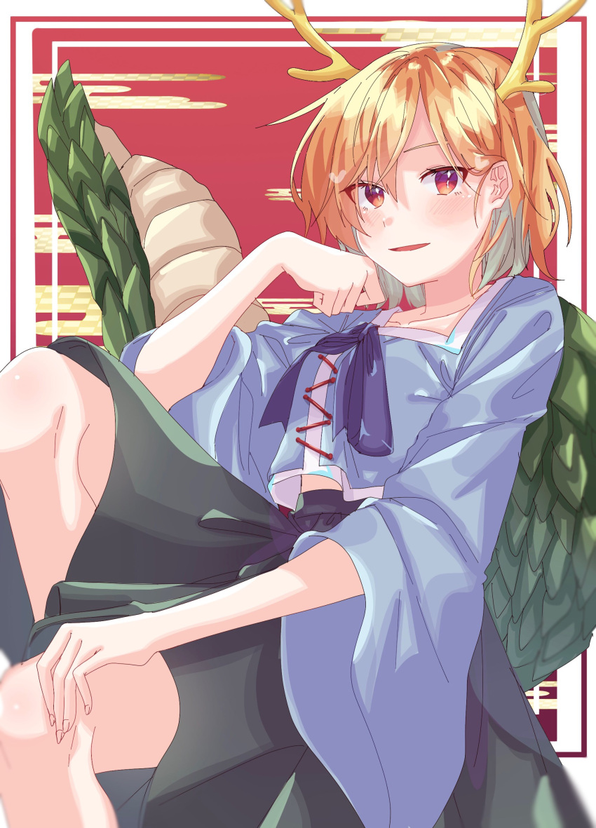 1girl, absurdres, antlers, blonde_hair, blue_bow, blue_shirt, blue_skirt, bow