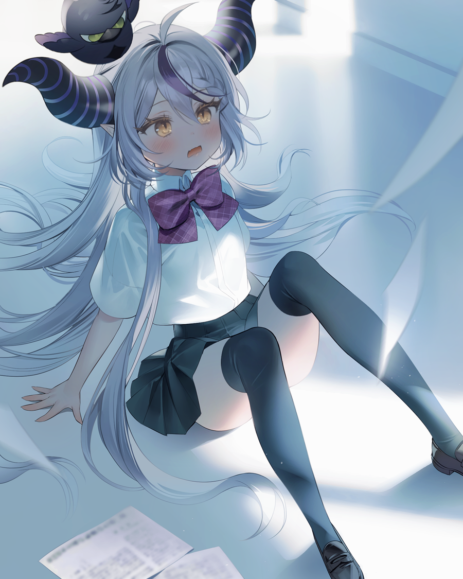 1girl, ahoge, bird, blush, crow, crow_(la+_darknesss), demon_girl, demon_horns